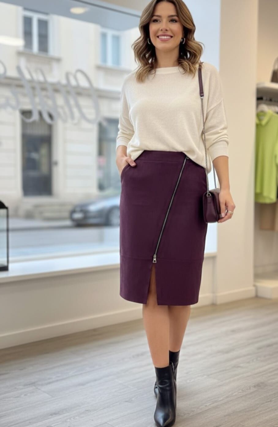 Fermuar Detaylı Nubuk Kalem Etek