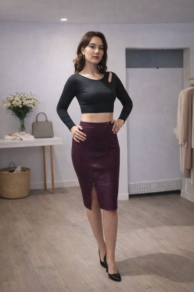 Fermuar Detaylı Nubuk Kalem Etek