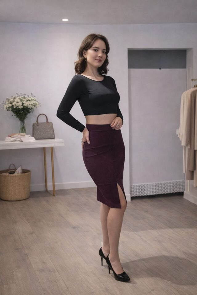 Fermuar Detaylı Nubuk Kalem Etek