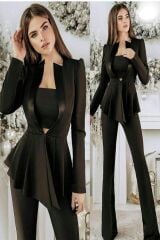 3'lü Şık Takım (Ceket Pantolon Crop) XS - Siyah