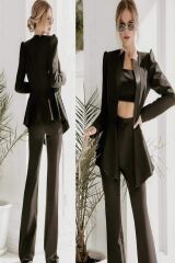 3'lü Şık Takım (Ceket Pantolon Crop) L - Siyah