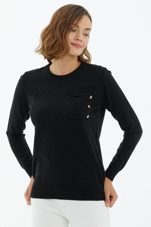 Düğme Detaylı Cepli Triko Kazak