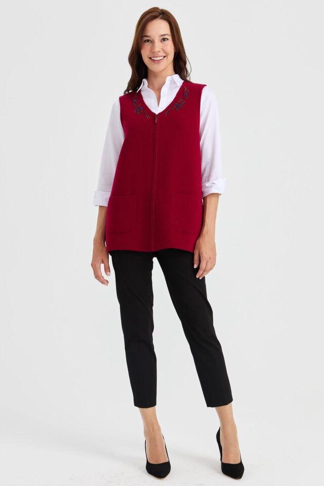 Nakış Detaylı Fermuarlı Triko Yelek M - Kırmızı