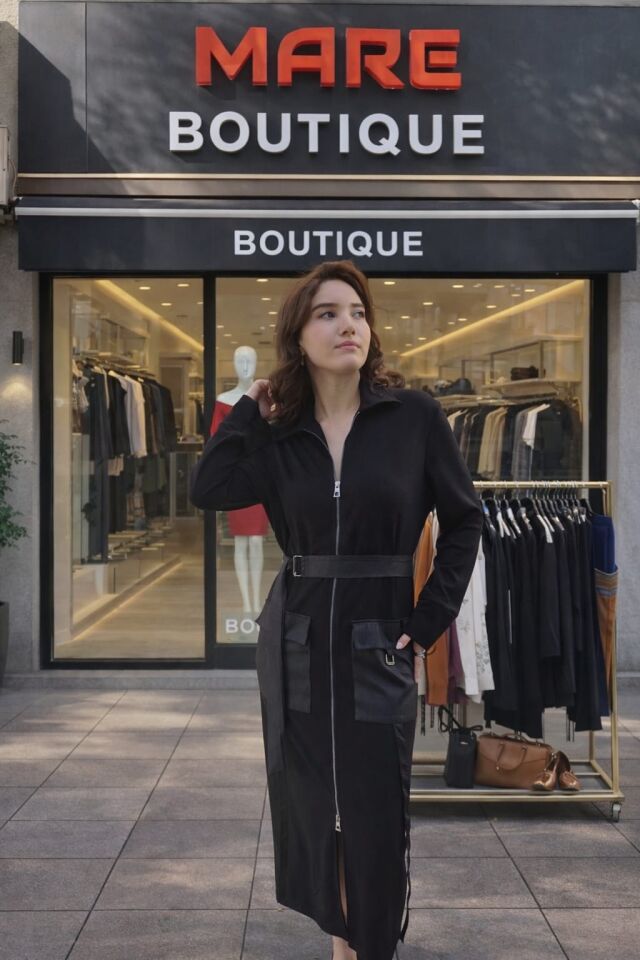 Siyah Fermuarlı Kemer Detaylı Çok Amaçlı Elbise & Ceket