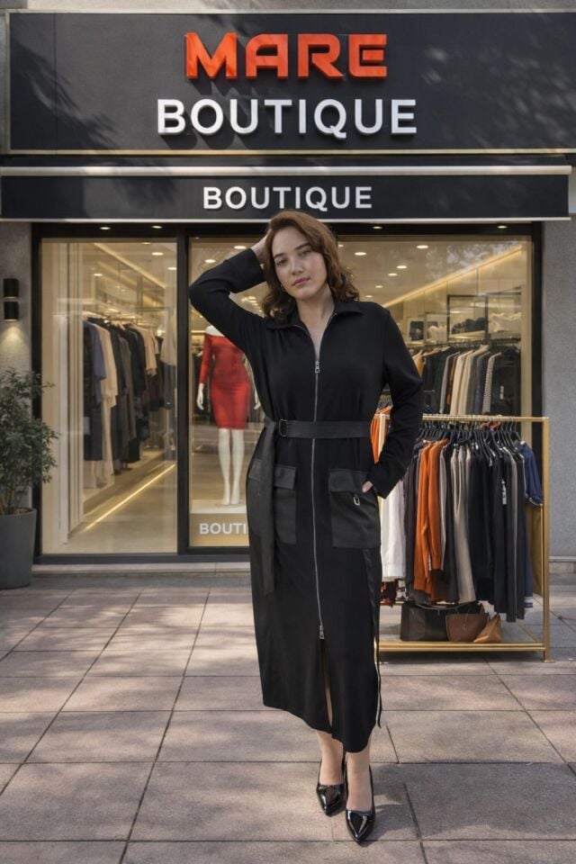 Siyah Fermuarlı Kemer Detaylı Çok Amaçlı Elbise & Ceket