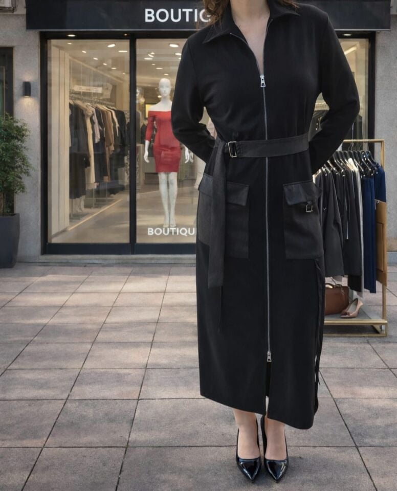 Siyah Fermuarlı Kemer Detaylı Çok Amaçlı Elbise & Ceket