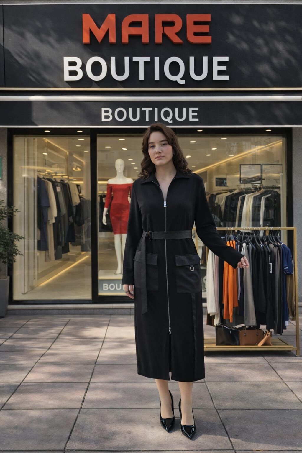 Siyah Fermuarlı Kemer Detaylı Çok Amaçlı Elbise & Ceket