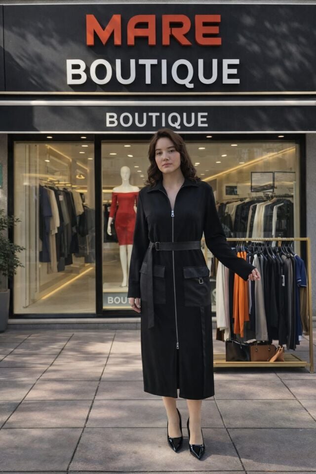 Siyah Fermuarlı Kemer Detaylı Çok Amaçlı Elbise & Ceket