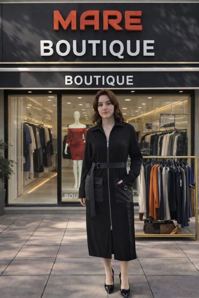 Siyah Fermuarlı Kemer Detaylı Çok Amaçlı Elbise & Ceket