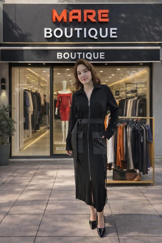 Siyah Fermuarlı Kemer Detaylı Çok Amaçlı Elbise & Ceket