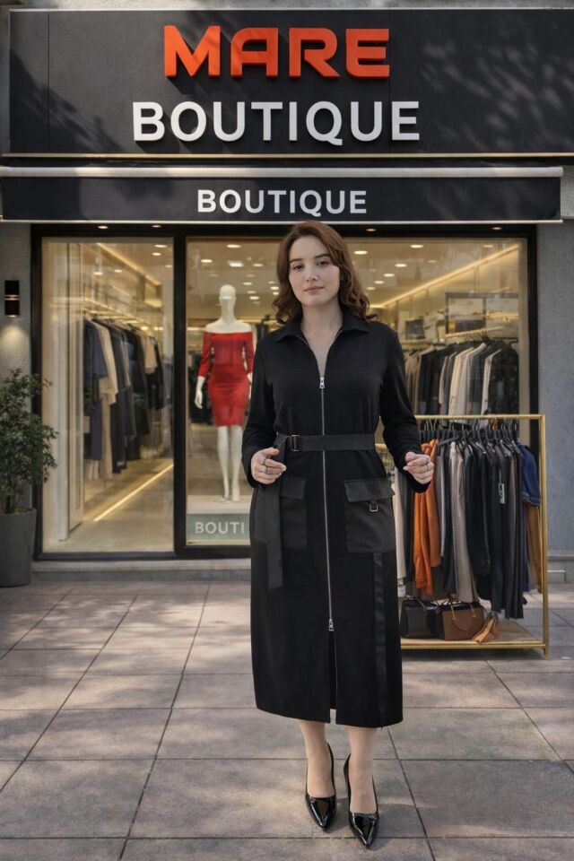 Siyah Fermuarlı Kemer Detaylı Çok Amaçlı Elbise & Ceket