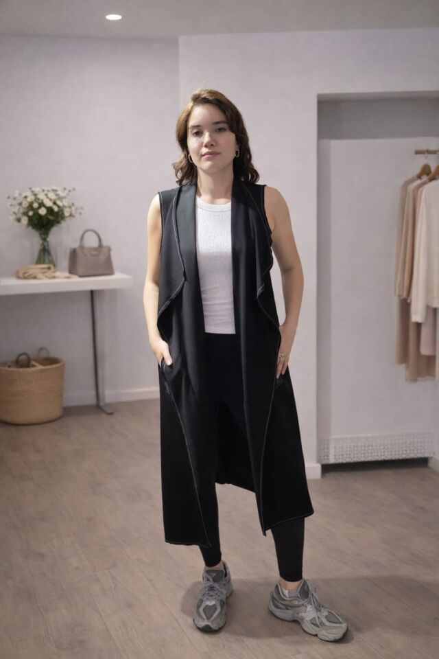 Uzun Kesim Modern Siyah Yelek