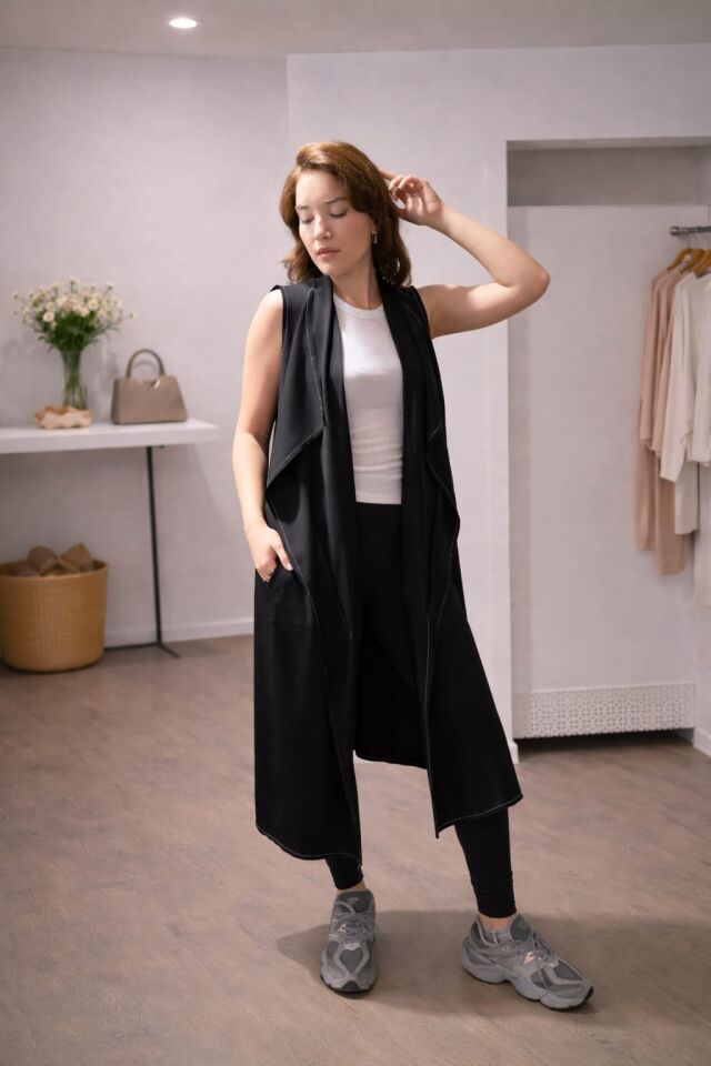 Uzun Kesim Modern Siyah Yelek