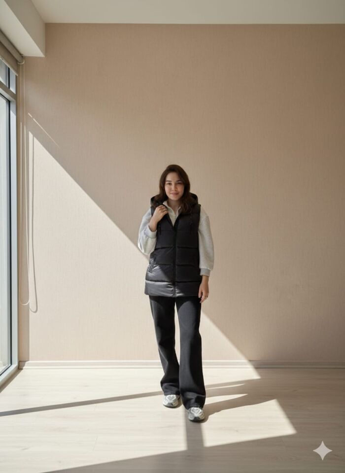 Kapüşonlu Şişme Uzun Yelek – Siyah