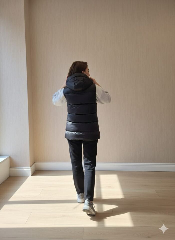 Kapüşonlu Şişme Uzun Yelek – Siyah