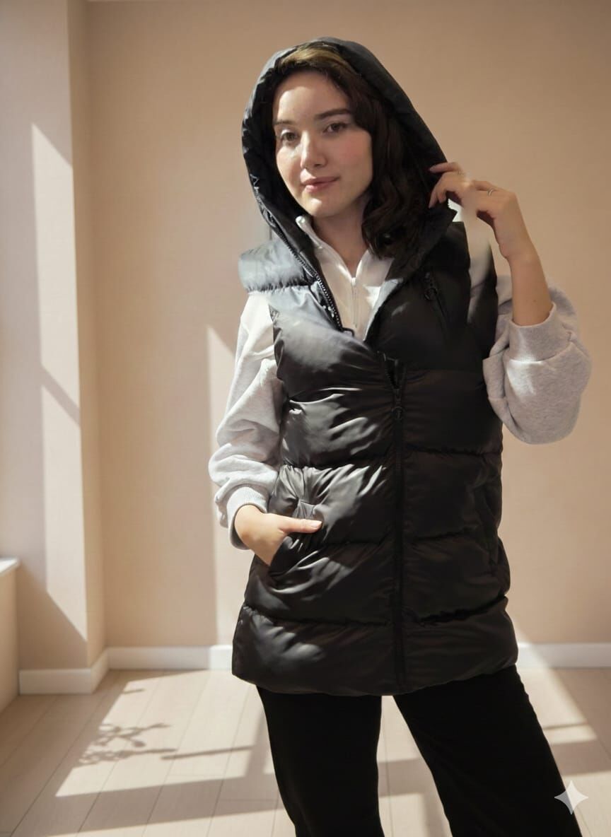 Kapüşonlu Şişme Uzun Yelek – Siyah