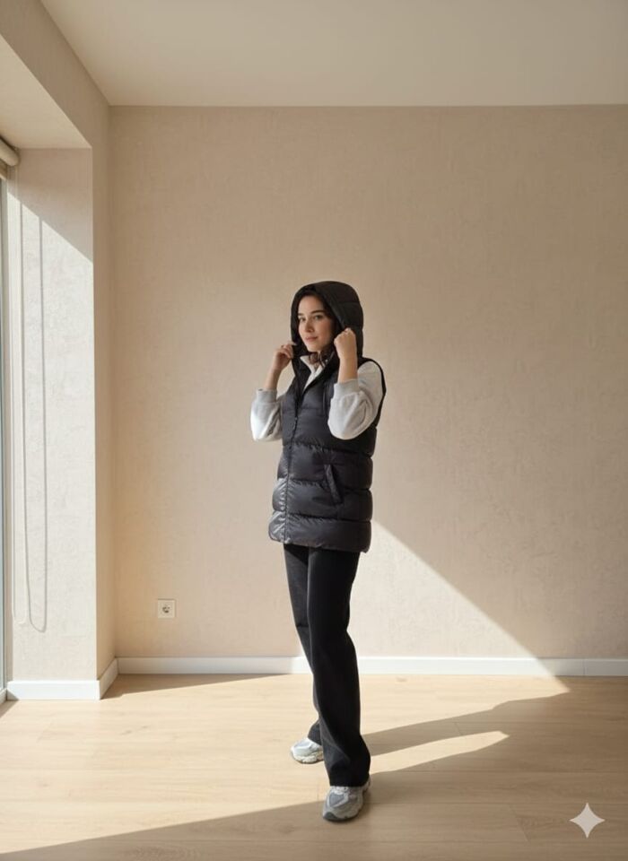 Kapüşonlu Şişme Uzun Yelek – Siyah