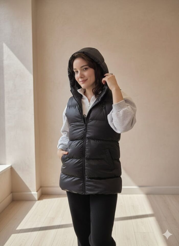 Kapüşonlu Şişme Uzun Yelek – Siyah