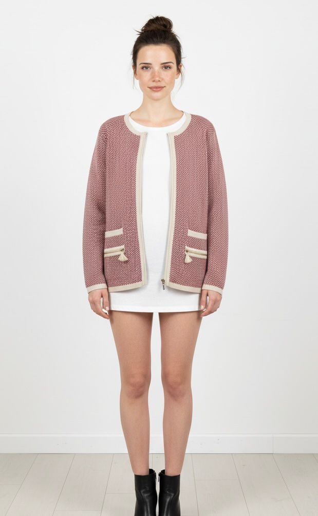 Fermuar Detaylı Dokulu Triko Hırka