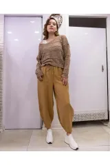 Paçası Fermuarlı Keten Pantolon S - kahverengi