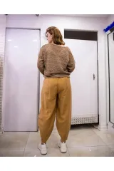 Paçası Fermuarlı Keten Pantolon S - kahverengi