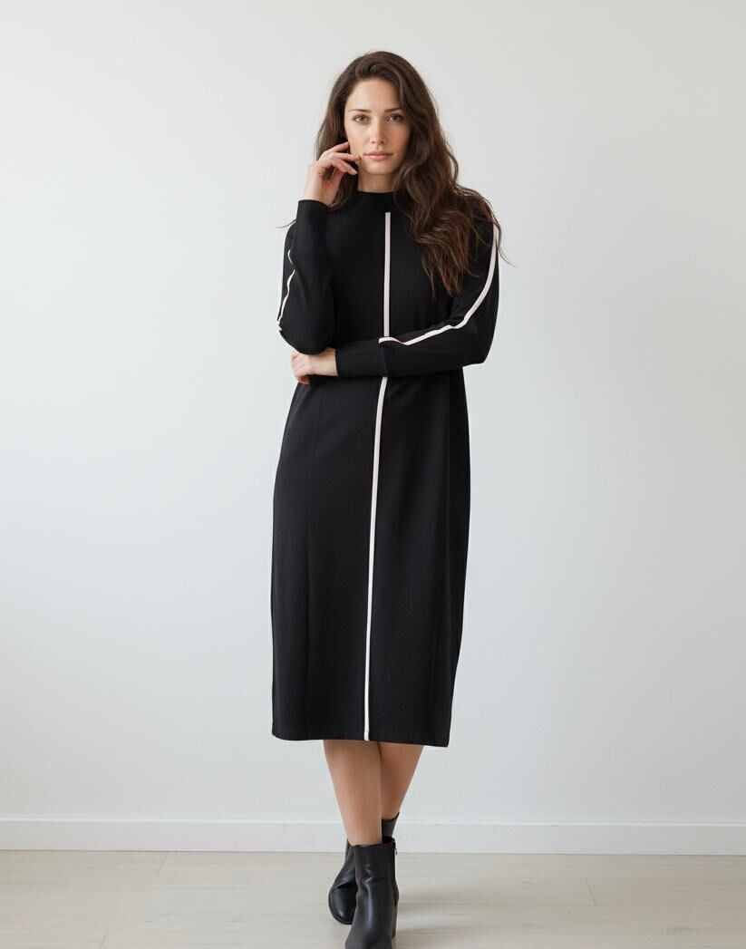 Kontrast Şerit Detaylı Midi Elbise