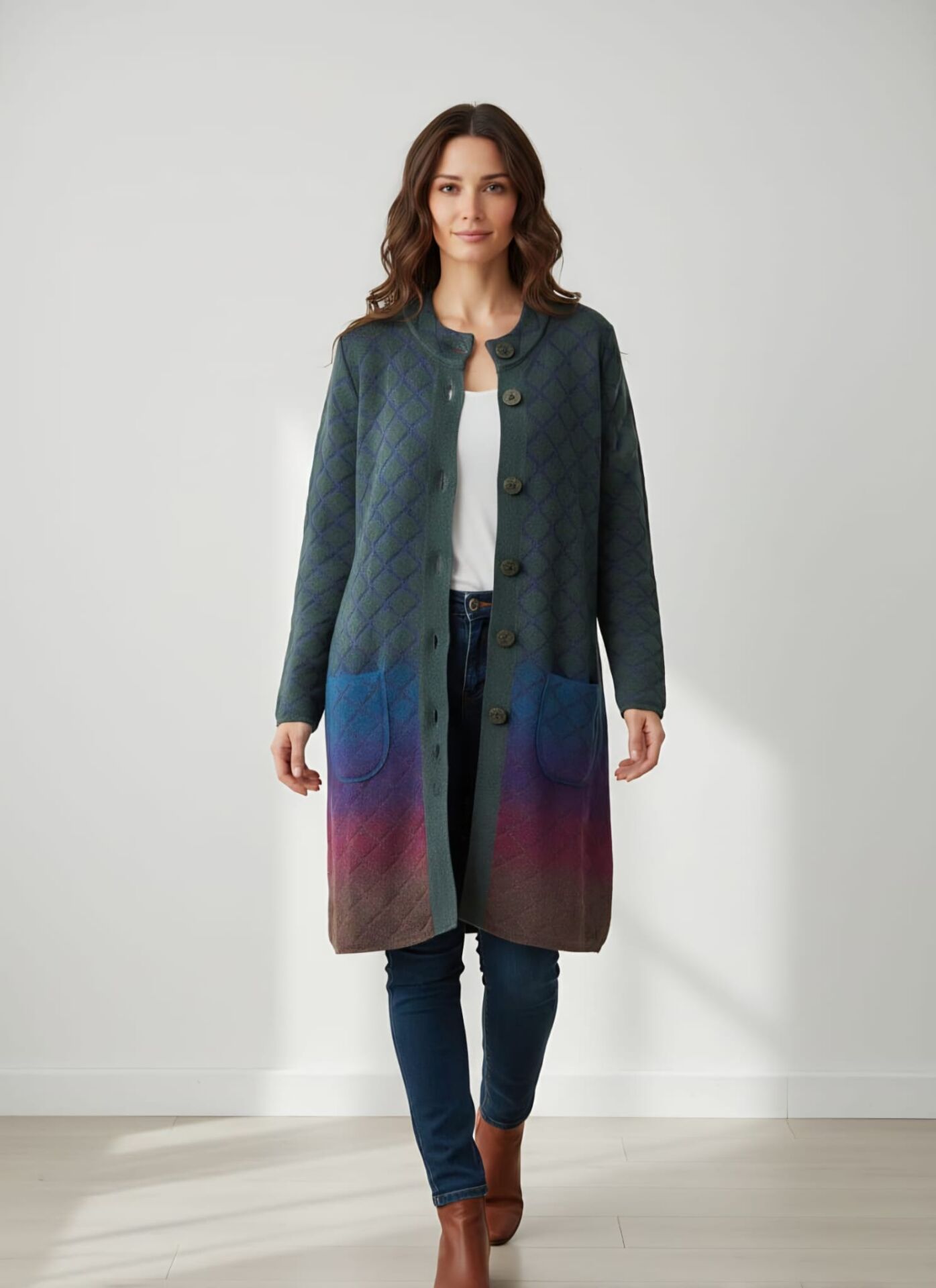 Renk Geçişli Kapitone Uzun Hırka