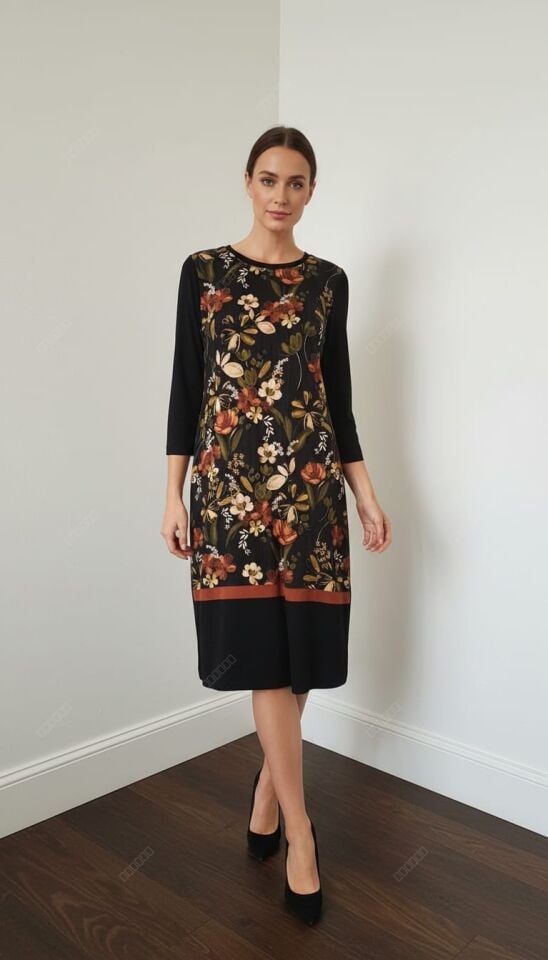 Çiçek Desenli Uzun Kollu Midi Elbise – Siyah