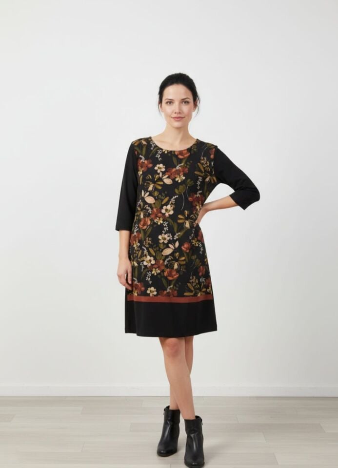 Çiçek Desenli Uzun Kollu Midi Elbise – Siyah