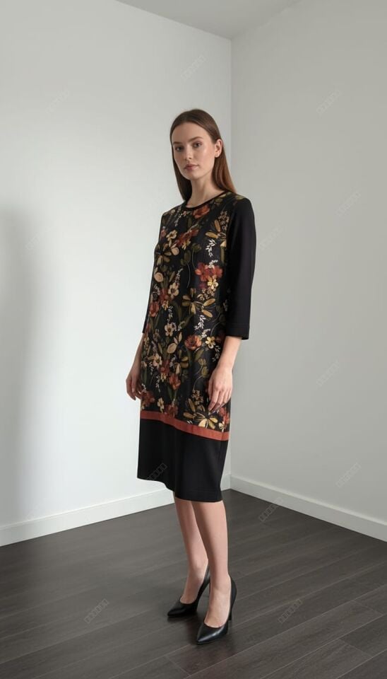 Çiçek Desenli Uzun Kollu Midi Elbise – Siyah