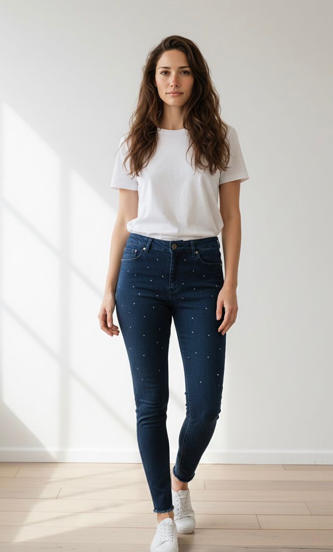 Taş Detaylı Yüksek Bel Skinny Jean Pantolon