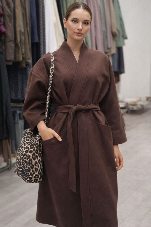 Kuşaklı Cepli Modern Kaban