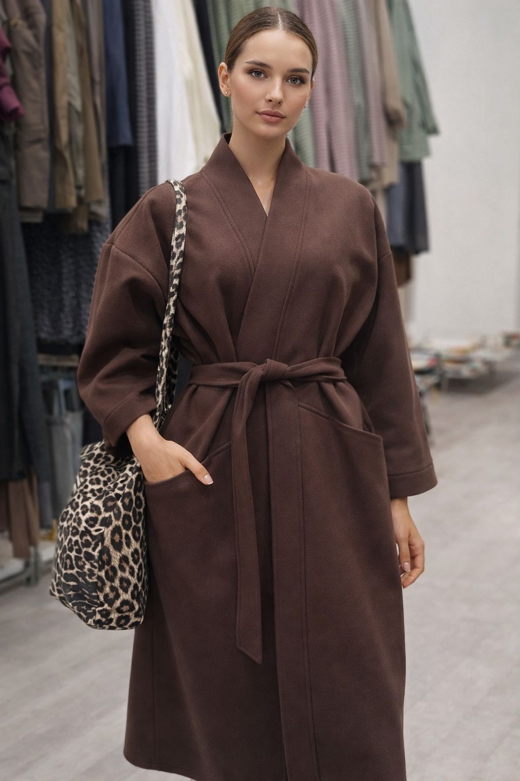 Kuşaklı Cepli Modern Kaban kahverengi