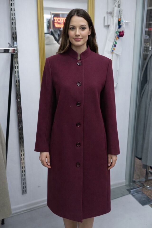 Düğmeli Uzun Kaban Bordo