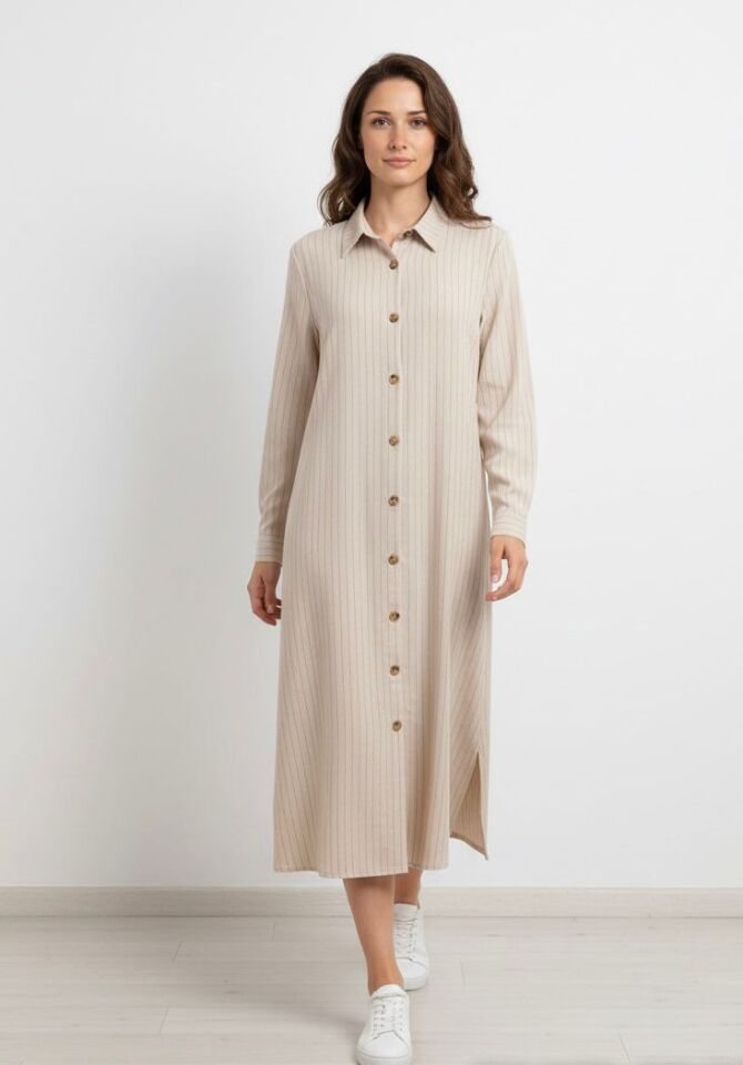 Kemer Detaylı Düğmeli Gömlek Elbise