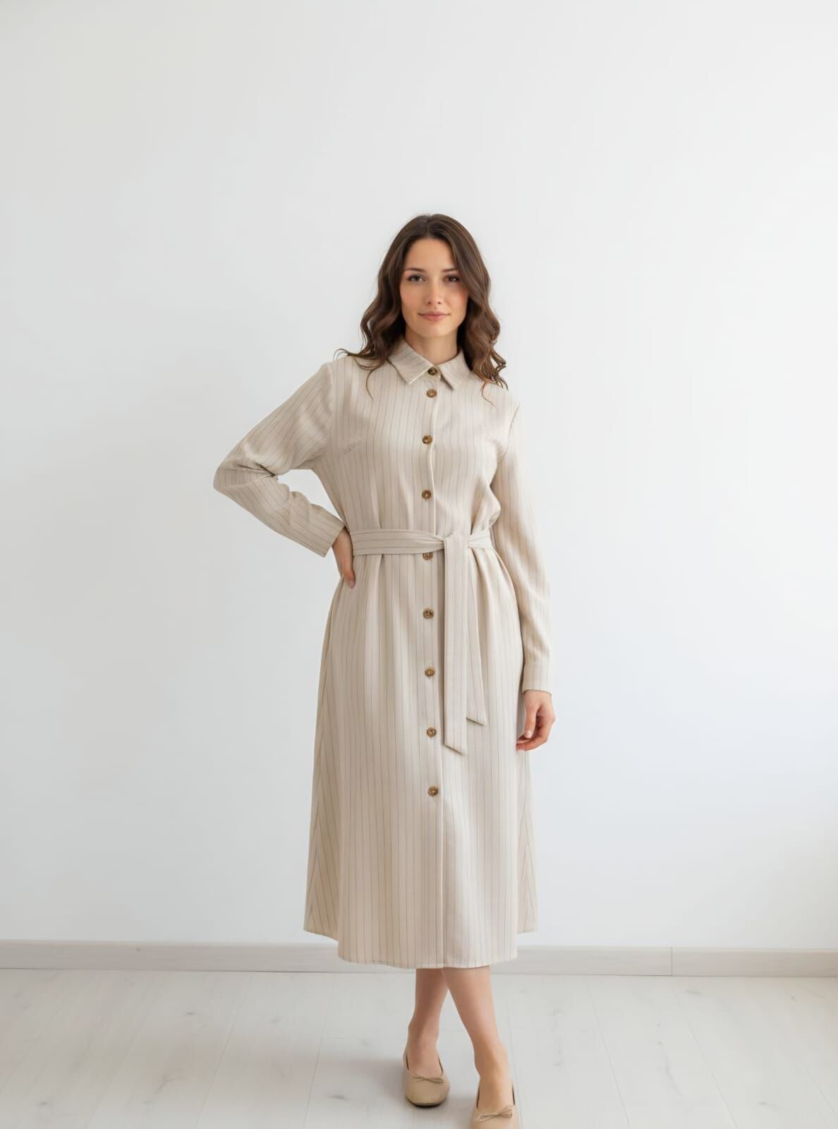 Kemer Detaylı Düğmeli Gömlek Elbise