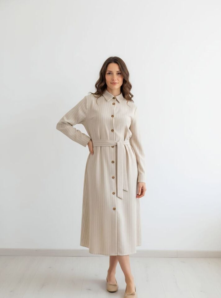 Kemer Detaylı Düğmeli Gömlek Elbise