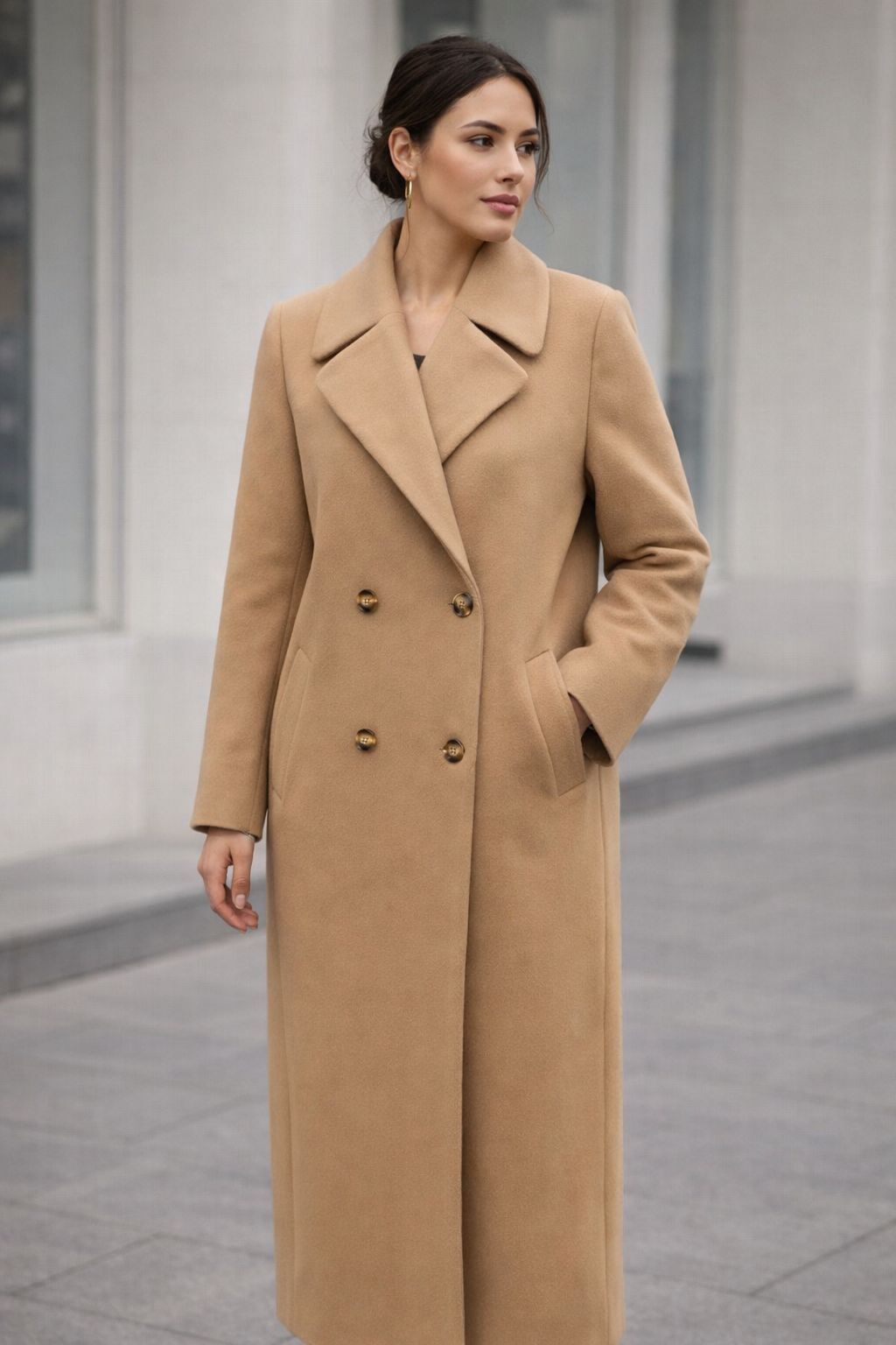 Camel Renk Kruvaze Kesim Uzun Kaban