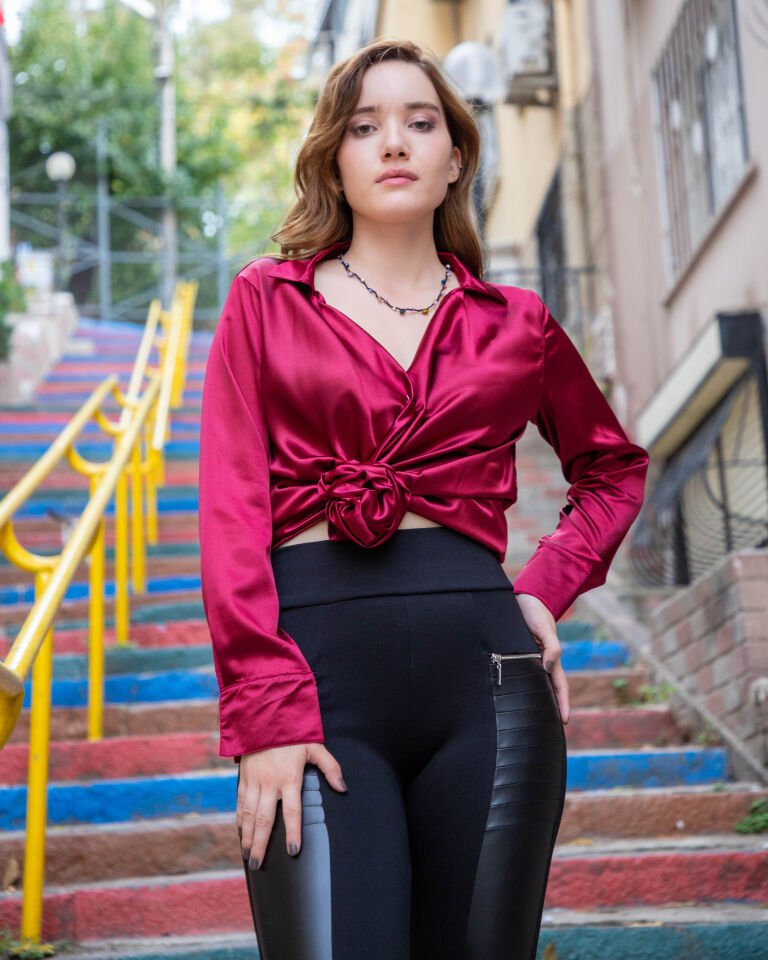 Dökümlü Saten  Uzun Kollu Gömlek