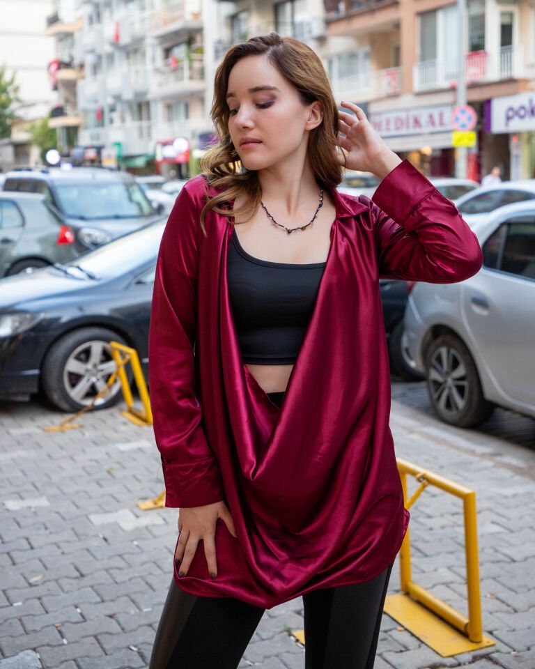 Dökümlü Saten  Uzun Kollu Gömlek