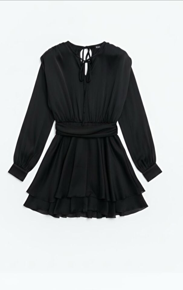 Kat Kat Saten Şifon Detaylı Siyah Mini Elbise