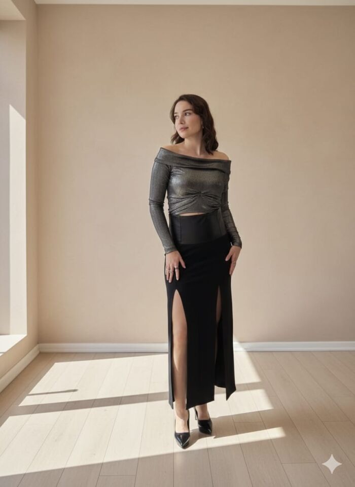 Deri Detaylı Yüksek Bel Çelik Kumaş  Uzun Etek