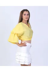 Volanlı Kol Beli Lastikli Bluz Crop S - Sarı