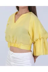 Volanlı Kol Beli Lastikli Bluz Crop S - Sarı