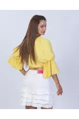 Volanlı Kol Beli Lastikli Bluz Crop S - Sarı