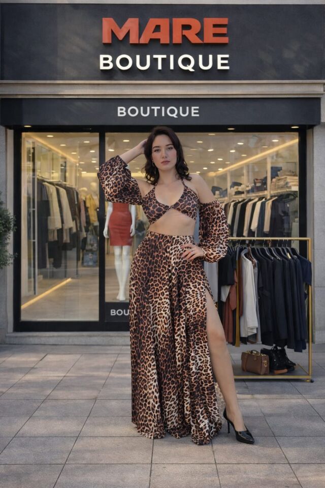 Leopar Desenli Saten Görünümlü 2’li Takım