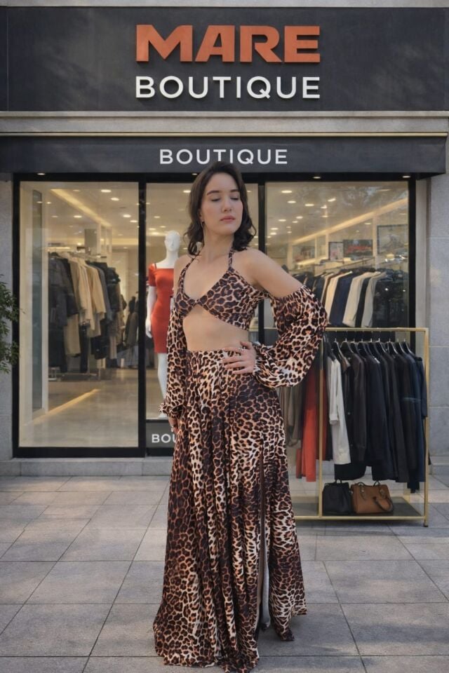 Leopar Desenli Saten Görünümlü 2’li Takım