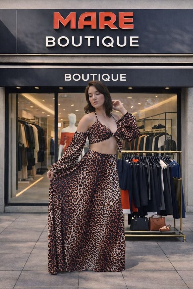 Leopar Desenli Saten Görünümlü 2’li Takım