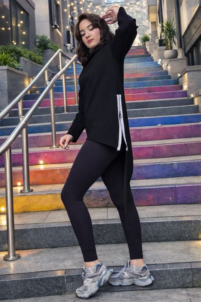 Fermuar Detaylı Asimetrik Pamuklu Siyah Tunik