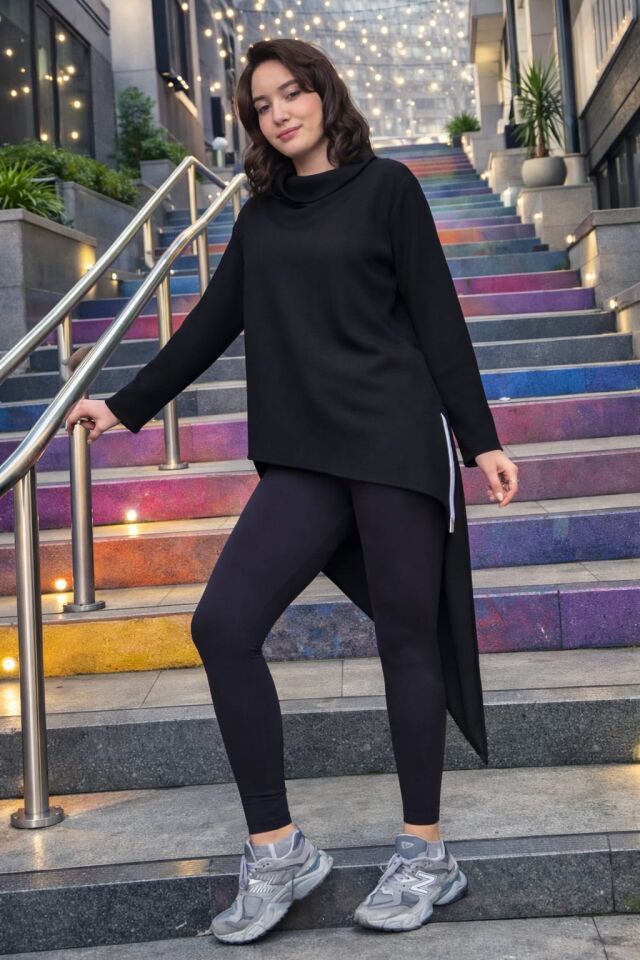 Fermuar Detaylı Asimetrik Pamuklu Siyah Tunik